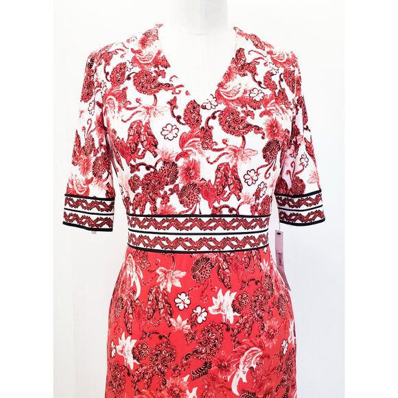 Maggy London Womens Red White Border Print Floral Short Sleeve Midi Dress NWT 2 - Picture 3 of 13